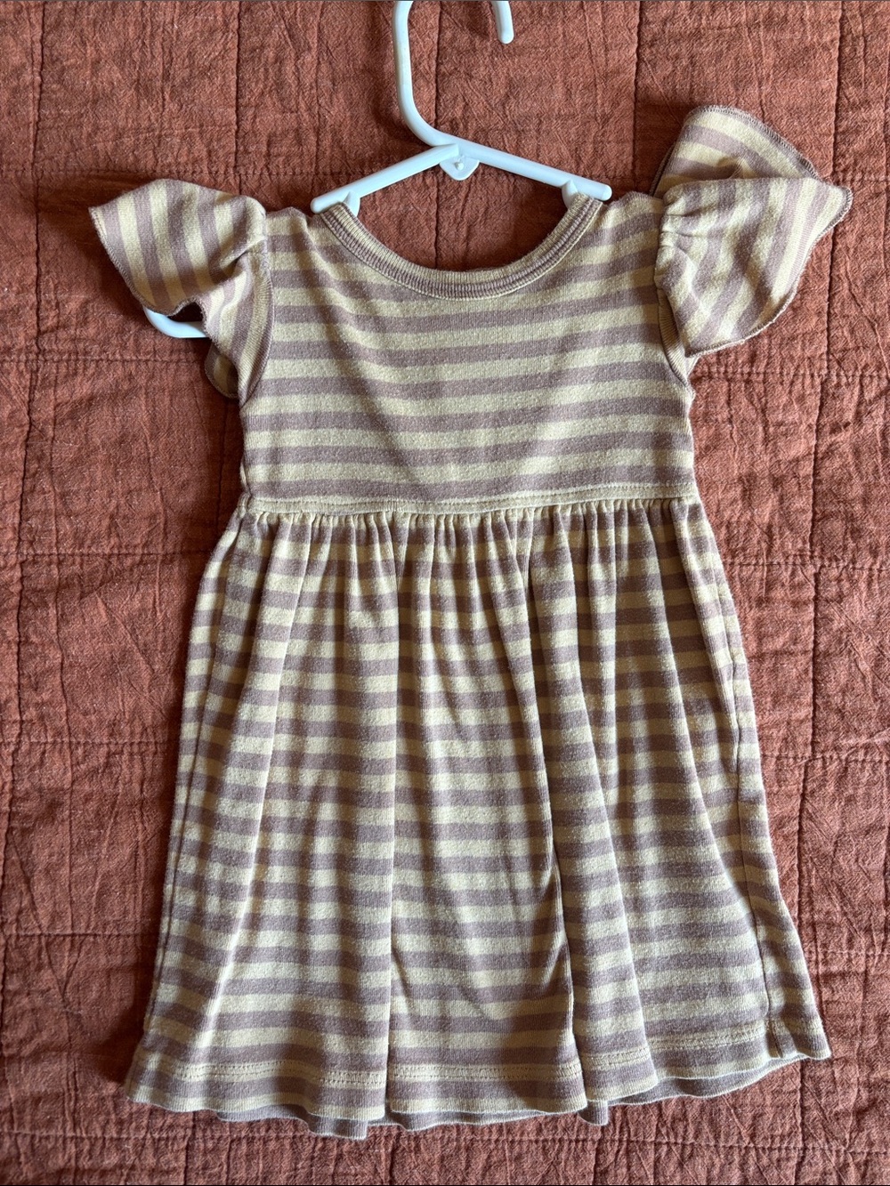 kate quinn Cream and Light Brown Striped Flutter-Sleeve Dress